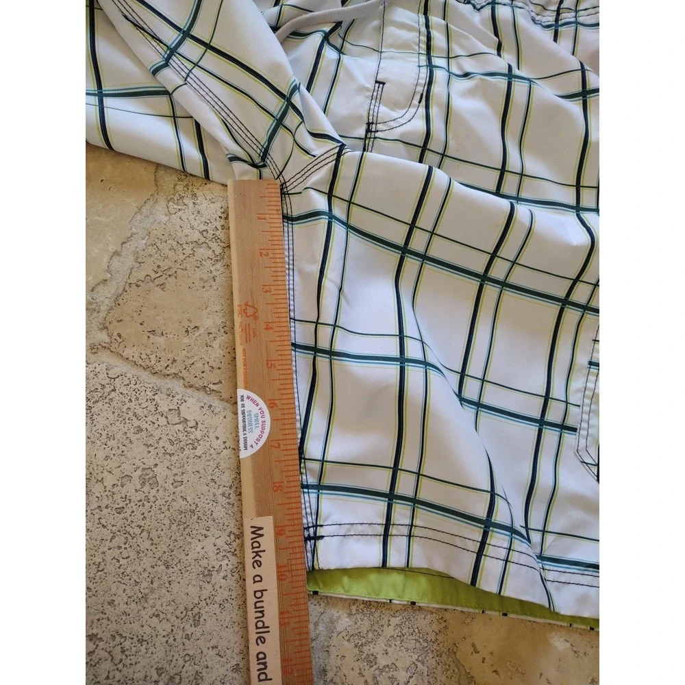 Speedo Swim Trunks Man Medium White Blue Green Plaid Boardshorts Mesh Lined Pool